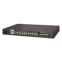 IGS-5225-20T4C2X, 24x 1000Base-T, 2x 10Gb SFP+, 4x SFP, L3, WEB/SNMPv3, -40 to 75°C, AC+DC, IP30, fanless