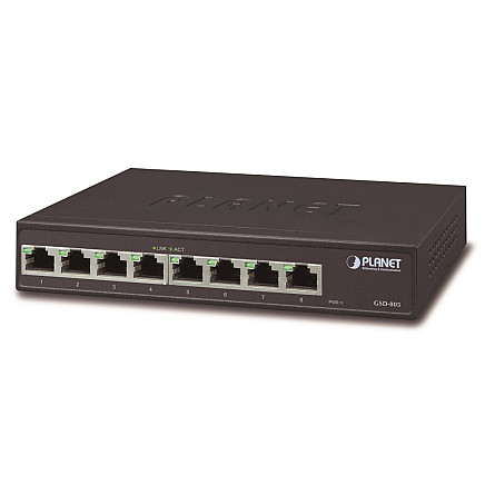 GSD-805v2 switch 10/100/1000 (8x 1000Base-T), VLAN, IEEE 802.3az, ESD+EFT, internal pwr, fanless