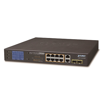 GSD-1002VHP PoE switch, 8x PoE + 2x 1000Base-T, LCD, VLAN, extend mode 10Mb up to 250m, IEEE 802.3at 120W