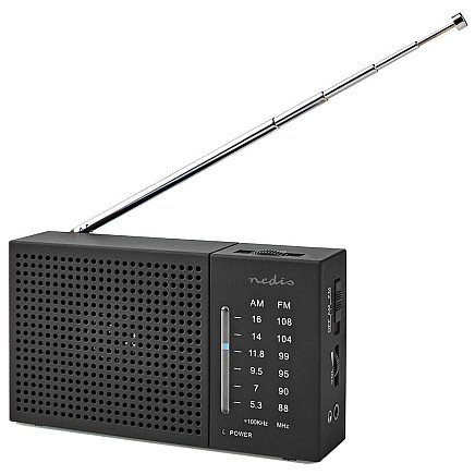 NEDIS portable radio/ AM/ FM/ battery powered/ analog/ 1.5 W/ headphone output/ black