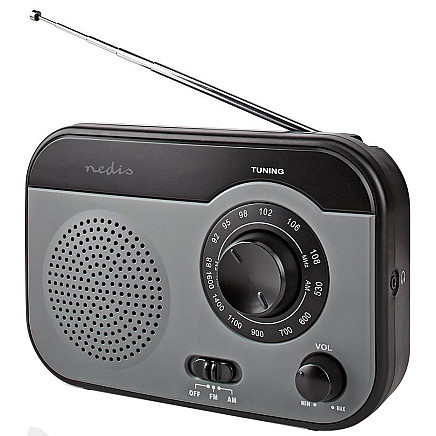 NEDIS portable radio/ AM/ FM/ battery powered/ mains powered/ analog/ 1.8 W/ headphone output/ black-grey