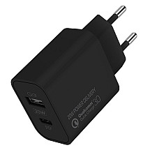 COLORWAY 1x USB and 1x USB-C/ mains charger/ 20W/ 100V-240V/ Black