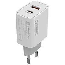 COLORWAY 1x USB and 1x USB-C/ turbo mains charger/ 30W/ 100V-240V/ White