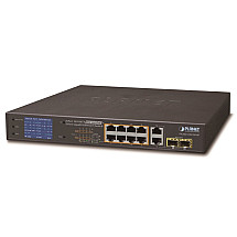 PLANET FGSD-1022VHP PoE switch, 8x100, 2x1000-TP/SFP, LCD, VLAN, extend mode 10Mb up to 250m, IEEE 802.3at<120W