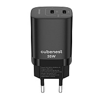 CUBENEST S2D1 GAN adapter 35W black (2 × USB-C to 35 W), PD, overvoltage and underneath protection, with GAN technology, for iPhone