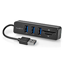 NEDIS USB hub/ USB-A plug/ USB-A socket/ 3 ports/ powered by USB/ SD & MicroSD/ 3x USB/ black