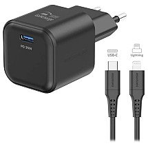 SWISSTEN NETWORK ADAPTER GaN 1x USB-C 35W POWER DELIVERY BLACK + DATA CABLE USB-C/LIGHTNING 1.2 M BLACK