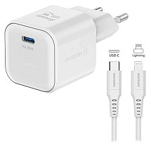 SWISSTEN NETWORK ADAPTER GaN 1x USB-C 35W POWER DELIVERY WHITE + DATA CABLE USB-C/LIGHTNING 1.2 M WHITE