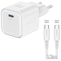 Swissten network adapter GAN 1x USB-C 35W POWER DELIVERY White + USB-C/USB-C data cable 1.2 m white