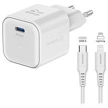 SWISSTEN NETWORK ADAPTER GaN 1x USB-C 20W POWER DELIVERY WHITE + DATA CABLE USB-C/LIGHTNING 1.2 M WHITE