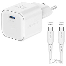 SWISSTEN NETWORK ADAPTER GaN 1x USB-C 20W POWER DELIVERY WHITE + DATA CABLE USB-C/USB-C 1.2 M WHITE