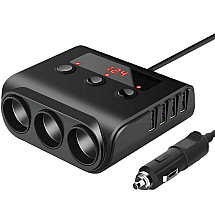 12V Vehicle Multiplier – 3-Port Cigarette Lighter Splitter with 4 High-Speed USB Ports and Built-in Voltmeter – Compact, Plug-and-Play Power Adapter for Cars, Motorcycles & Scooters