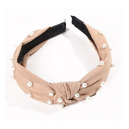 Turban headband made of thick cream material with pearls O227K