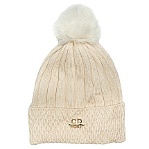 Knitted winter hat with pompom and patch, cream CZ33WZ1