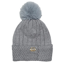 Knitted winter hat with pompom and patch, gray CZ33WZ2