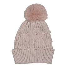 Knitted winter hat with a pompom and pearls, powder pink CZ35WZ1