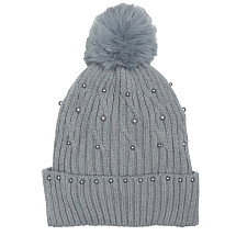 Knitted winter hat with pompom and pearls, gray CZ35WZ2