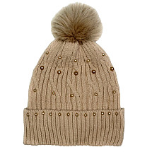 Knitted winter hat with pompom and pearls light brown CZ35WZ3