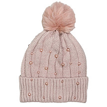 Knitted winter hat with a pompom and pearls, powder pink CZ36WZ1