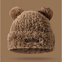 Plush winter hat with teddy bear ears, with a patch, brown CZ32WZ1