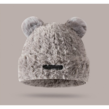 Plush winter hat with teddy bear ears, with a patch, gray CZ32WZ3