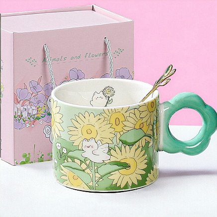 Floral Mug with a spoon 280 ml + Gift Box KB01ZIE