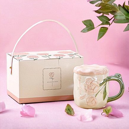 Pearl Mug with Lid 450 ml Roses + Gift Box KB02R