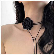 Decorative flower choker necklace, rose on a strap, elegant black N760CZ