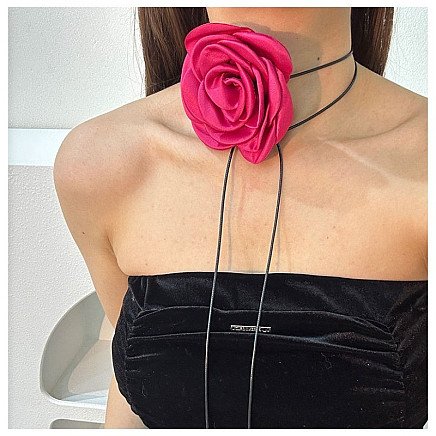 XL choker necklace, decorative flower on the neck, rose on a strap, elegant Fuchsia N761F