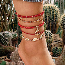 Set of foot bracelets 5in1 red shell beads B514