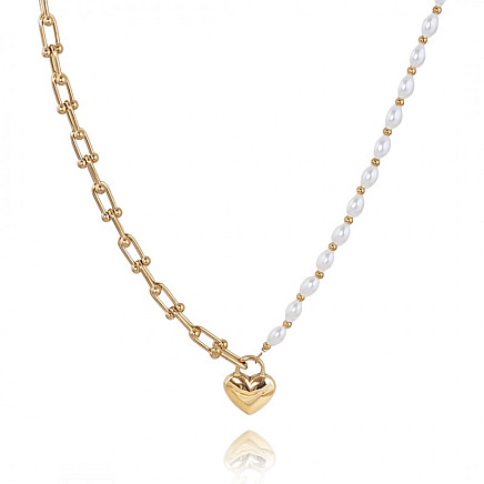 Necklace with pearls, gold-plated surgical steel HEART NST2105