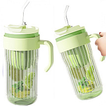 Ribbed glass coffee and tea mug with straw, strainer and closure 550 ML CUP12ZIE