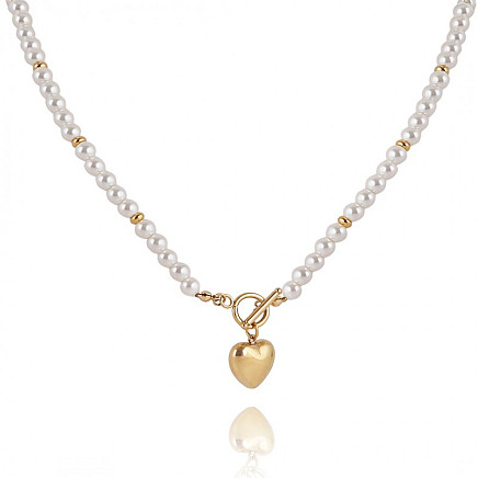 Pearl necklace with heart, 14k gold-plated stainless steel NST2110