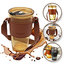 Colored glass coffee tea mug with straw and closure 450 ML CUP09BR