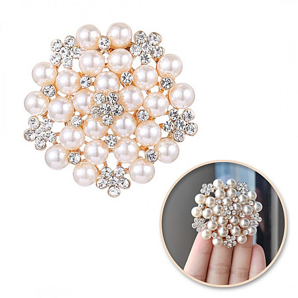 Round decorative crystal brooch PEARLS AND FLOWERS BZ151