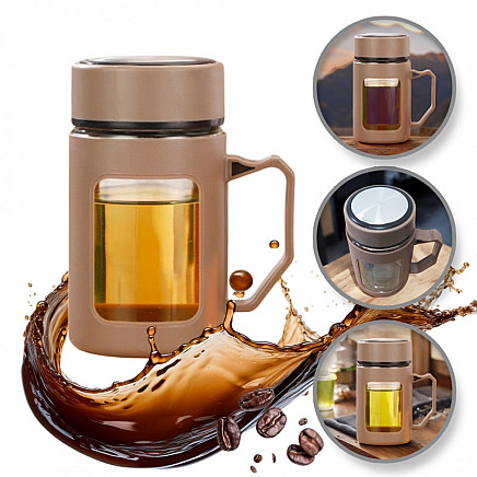 Glass water bottle for coffee and tea with a handle, brown, 500 ML CUP18BR