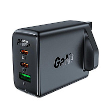 Acefast charger GaN 65W 3 ports (1xUSB, 2xUSB C PD) UK plug black (A44)