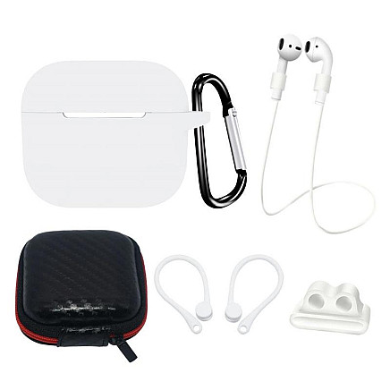 AirPods 3 Silicone Case Set + Case/Ear Hook/Neck Strap/Watch Strap Holder/Carabiner Clasp - White