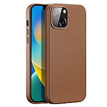 Dux Ducis Grit Leather Case for iPhone 14 Plus Elegant Faux Leather Cover (MagSafe Compatible) Brown