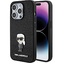 Karl Lagerfeld Fixed Glitter Ikonik Logo Metal Pin Case for iPhone 15 Pro Max - Black