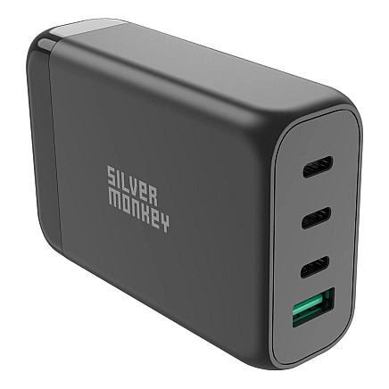 Silver Monkey SMA151 130W GaN charger 3xUSB-C PD USB-A QC 3.0 with detachable power cable - black