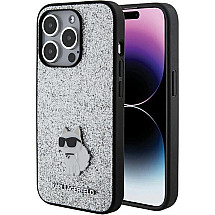 Karl Lagerfeld Fixed Glitter Choupette Logo Metal Pin Case for iPhone 15 Pro Max - Silver