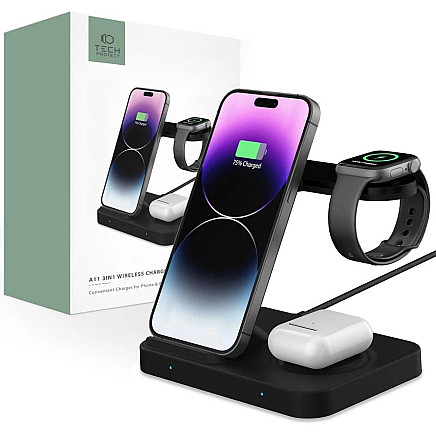 Tech-Protect A11 15W inductive charger in the form of a 3-in-1 stand for smartphone / headphones / smartwatch - black