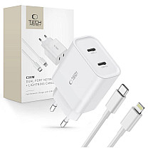 Tech-Protect C20W 2x USB-C PD 20W network charger with Lightning / USB-C cable - white