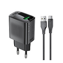 Acefast A90 GaN USB-A QC 18W network charger - black + USB-A / USB-C cable