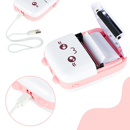 Mini termisko uzlīmju foto printeris + USB kabelis rozā krāsā