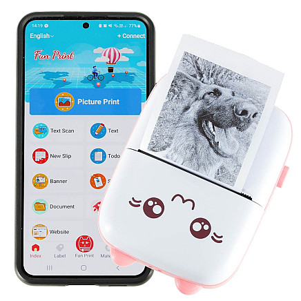 Mini termisko uzlīmju foto printeris + USB kabelis rozā krāsā