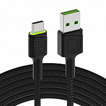 Cable USB - USB-C Green Cell GC Ray, 120cm, green LED, with Ultra Charge, QC 3.0