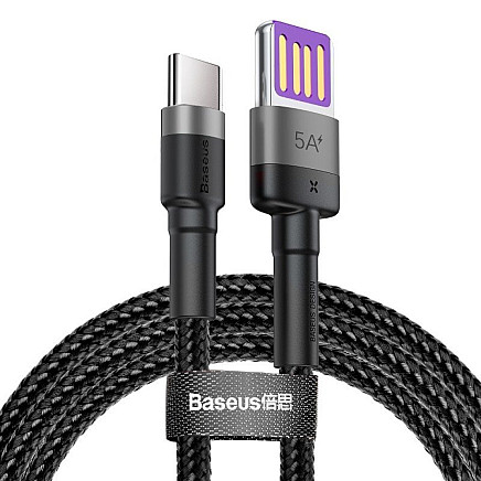 Baseus Cafule USB-C kabelis Huawei SuperCharge, QC 3.0, 5A 1m (melns+pelēks)