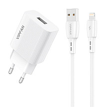 Network charger Vipfan E01, 1x USB, 2.4A + Lightning cable (white)